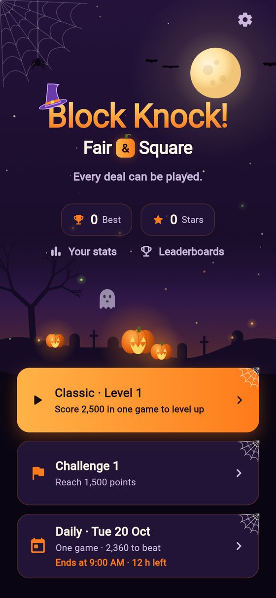 Home in the Halloween look: a full moon, bats, a ghost and glowing pumpkins above the Classic, Challenge and Daily buttons.