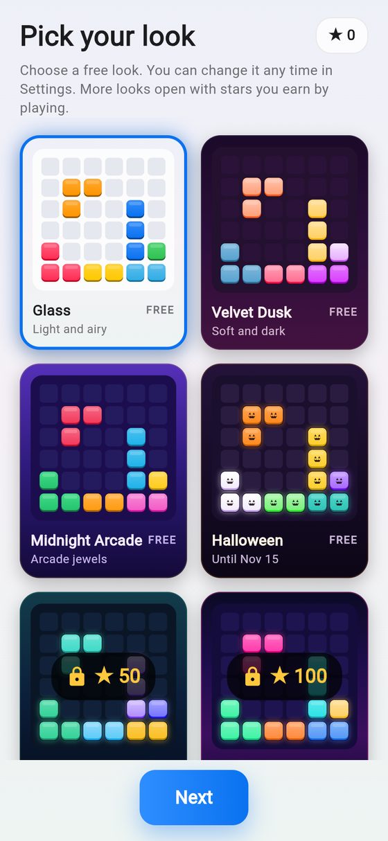 The look picker: Glass, Velvet Dusk, Midnight Arcade and Halloween are free; Aurora costs 50 stars and Neon Sunset 100.